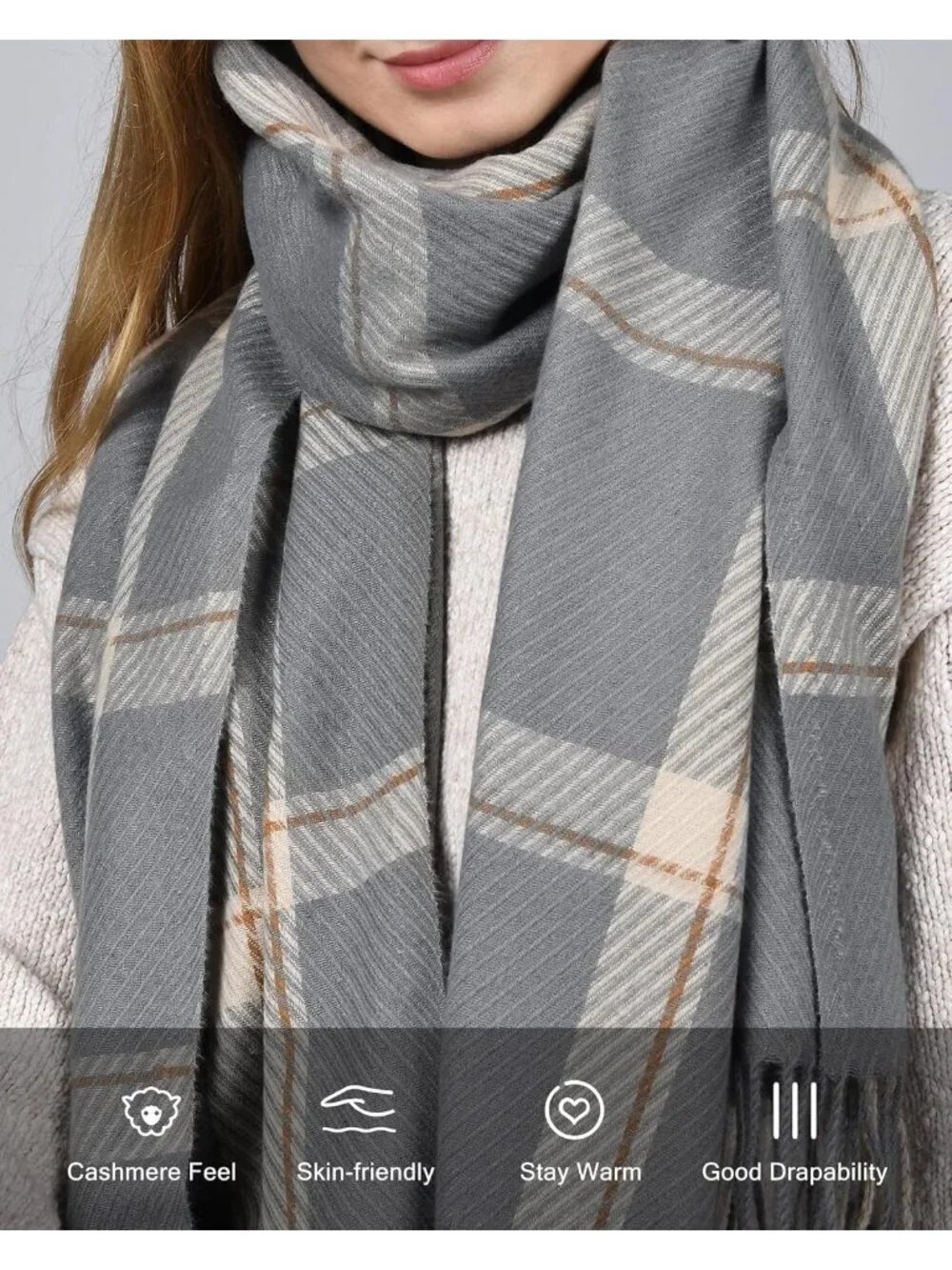 Women's Grey Shawl Soft Tassel Plaid Large Scarves Wraps Neck Scarves
